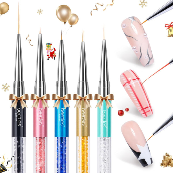 Beetles Gel Polish Nail Art Liner Brushes 5Pcs Painting Art Design Pen Set | Diamond Application Rhinestone Handle Dotting Drawing Sizes 5 7 9 11