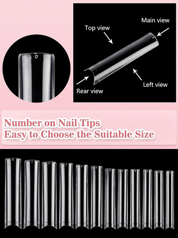 Quaferen Clear Square Nail Tips, 504PCS 3XL Long No C Curve Nail Tips, Half Cover Flat Tapered Square Straight Gel Acrylic Tips False Nails for