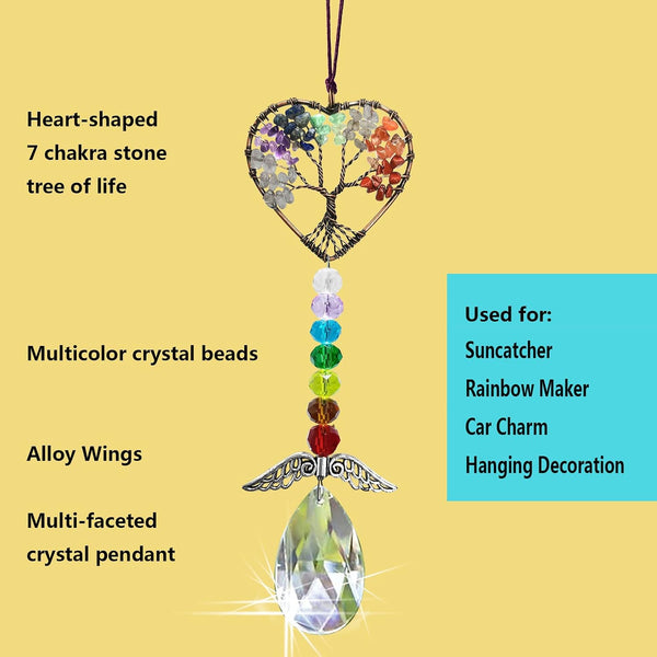 Healing Crystal Decor Tree of Life Car Hanging Accessories Suncatcher with Wings 7 Chakras Window Wall Hanging Decor Meditation Ornaments Home