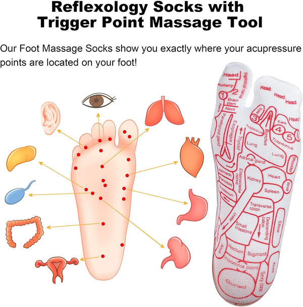 Reflexology Socks with Beginner Acupoint Massage Tools Set of 5 - Foot Pain Relief Remedy for Foot Massage Rod for Women and Men Tired Relieve