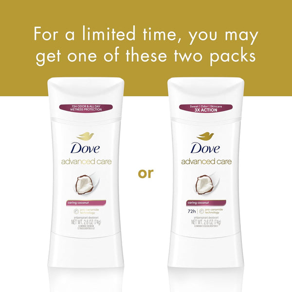 Dove Advanced Care Antiperspirant Caring Coconut, 2 Count Deodorant Stick for Women, for 48 Hour Protection And Soft And Comfortable Underarms,