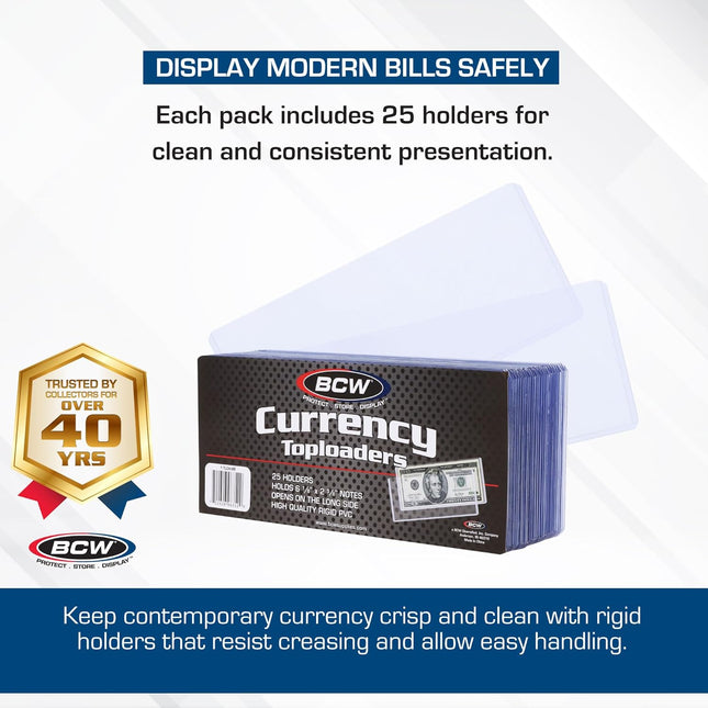 BCW Currency Topload Holder - Pack of 25 | Clear Rigid PVC Protective Sleeve for