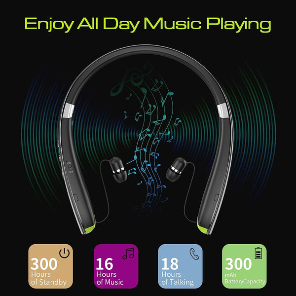 Bluetooth Headset, 2025 Upgraded Neckband Bluetooth Headphones with Retractable Earbuds, Noise Cancelling Stereo Earphones with Mic, Foldable
