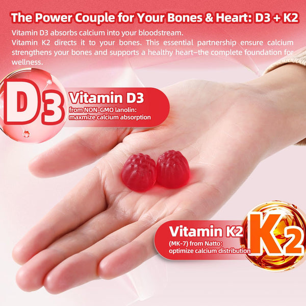 D3 K2 Vitamin 9000 IU Supplement Gummies for Women Adult Muscle Teeth Immune Support Sugar Free 90 Counts, Peach Flavor