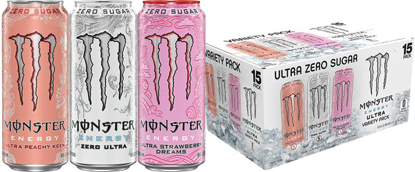 Monster Energy Ultra Variety Pack, PKZSD, Sugar Free Energy Drink, 16 Ounce | Pack of 15 Zero Ultra, Strawberry Dreams, Peachy Keen 15 Pack