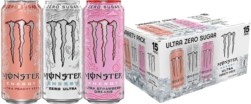 Monster Energy Ultra Variety Pack, PKZSD, Sugar Free Energy Drink, 16 Ounce | Pack of 15 Zero Ultra, Strawberry Dreams, Peachy Keen 15 Pack