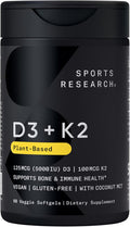 Sports Research® Vegan D3 5000Iu with Vitamin K2 100Mg - Formulated with Coconut MCT Oil - Vegan Certified, Soy & Gluten Free - 60 Softgels