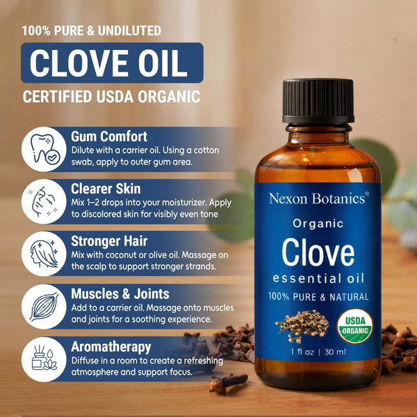 Organic Clove Essential Oil 30 ml - Pure, Natural, Undiluted for Toothache | Topical Clove Bud Essential Oil for Sore Muscles, Skin & Hair Care -