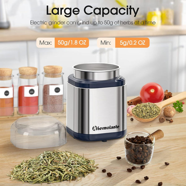 Hermolante Herb Grinder Spice Grinder, 200 w Herb Grinder with Stainless Steel Blade and Cleaning Brush, Compact Size Electric Grinder for Herbs