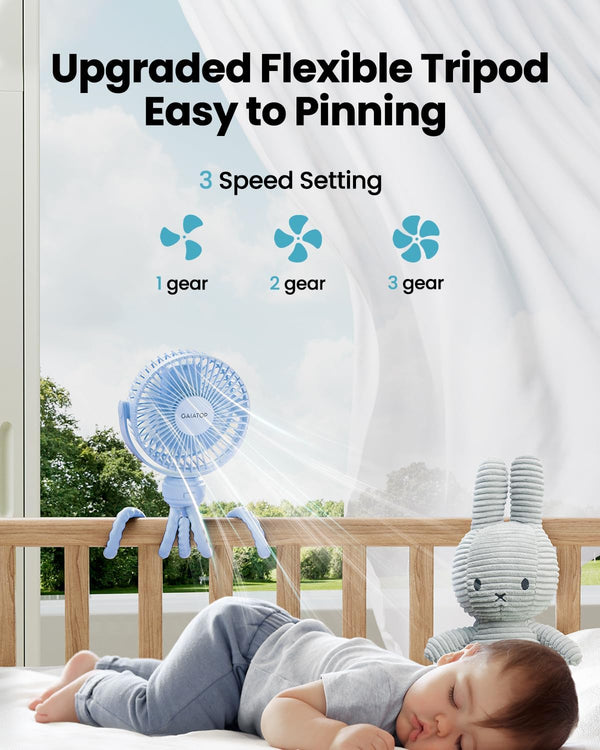 Gaiatop Mini Portable Stroller Fan, Battery Operated Small Clip on, Detachable 3 Speed Rechargeable, 360° Rotate Flexible Tripod Better Cooling