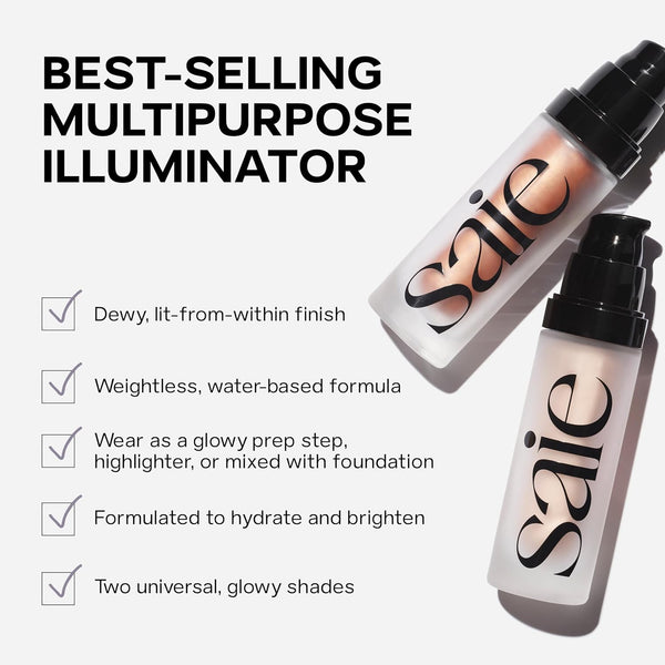 Saie Mini Glowy Super Gel Lightweight Illuminator - Luminizer + Makeup Primer for Glowing Skin - Enriched with Vitamin C + Hydrating Squalane Oil
