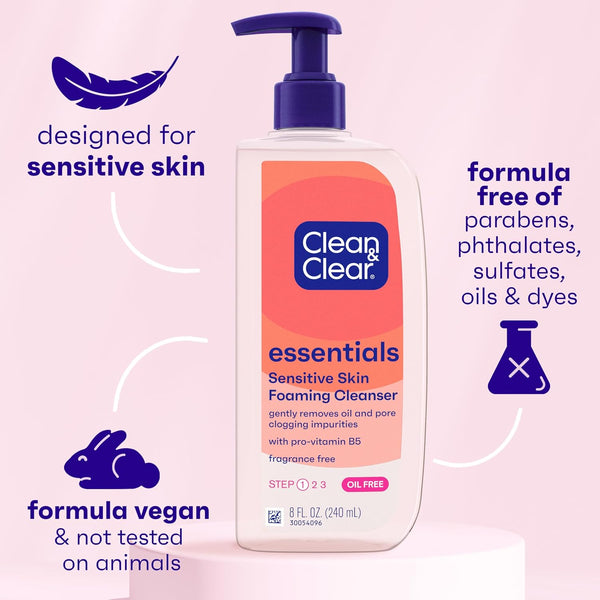 Clean & Clear Essentials Oil-Free Foaming Facial Cleanser, Daily Foaming Face Wash with Pro-Vitamin B5 for Sensitive Skin, Gently Removes Oil &