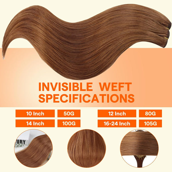 Full Shine 14 Inch Weft Hair Extensions 100G Copper Brown Remy Human Hair | Machine Tied Weft, Sew In Hair Extensions, Copper Brown Shade,