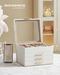 SONGMICS GISELLA Collection - Jewelry Box Organizer with Glass Lid, 4-Layer Jewelry Storage, with 3 Drawers, Modern Style, 8 x 9.1 x 6.5 Inches,