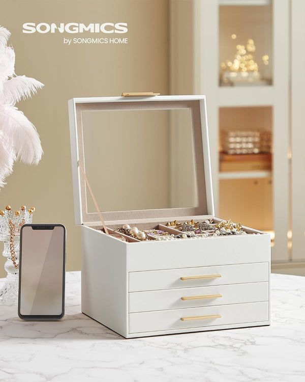 SONGMICS GISELLA Collection - Jewelry Box Organizer with Glass Lid, 4-Layer Jewelry Storage, with 3 Drawers, Modern Style, 8 x 9.1 x 6.5 Inches,