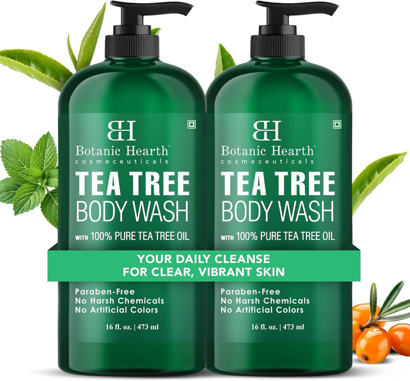 Botanic Hearth Tea Tree Body Wash, 16 Fl Oz (473 ml) Pack of 2 | With Tea Tree Oil, Peppermint & Sea Buckthorn | Gently Cleanses, Refreshes &