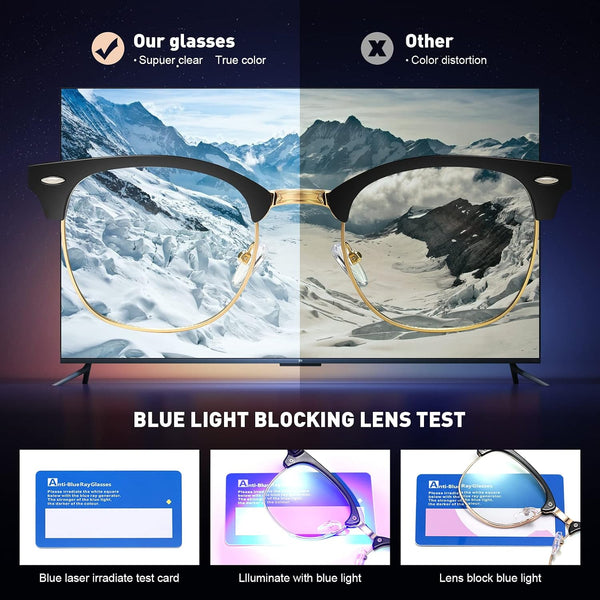 Blue Light Blocking Glasses Anti Eyestrain Computer Gaming Glasses | Vintage Half Frame UV Clear Lens for Women Men A02-black Gold Frame 1 Pack