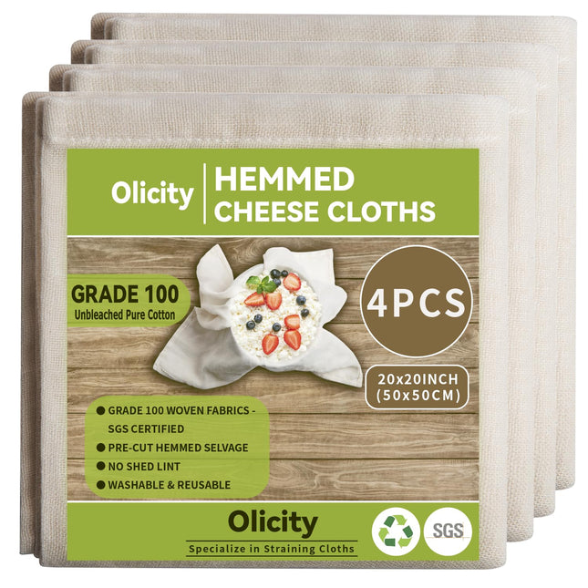 Olicity Cheese Cloths, 4PCS, Grade 100,20X20Inch Hemmed Cheese Cloth Fabric Reusable Fine Mesh Cloth Strainer, 100% Cott