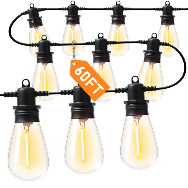 60FT LED Outdoor String Lights with 16+1 Edison Shatterproof IP65 Waterproof Bulbs, 2700K Dimmable Commercial Grade Pati
