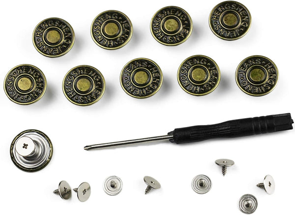 Arokimi Jeans Buttons Replacement, Instant No Sew Buttons for Pants with Tool,17MM Metallic 17MM