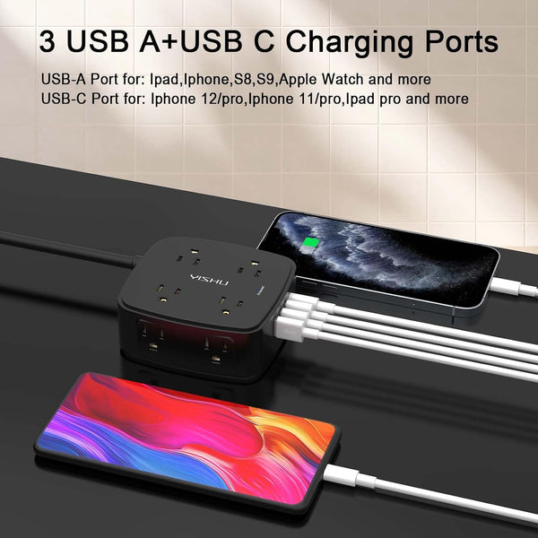 10 Ft Surge Protector Power Strip - 8 Widely Outlets with 4 USB Ports, 3 Side Outlet Extender with 10 Feet Extension Cord, Flat Plug, Wall Mount,