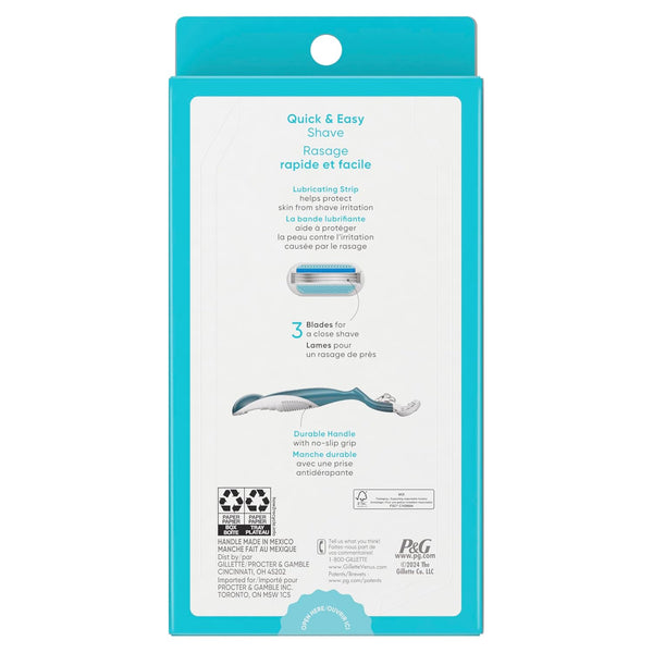 Gillette Venus Smooth Razor for Women, Includes 1 Reusable Razor Handle + 2 Count 3-Bladed Refills, Ergonomic Soft Grip Handle 1 Count (Pack of 1)
