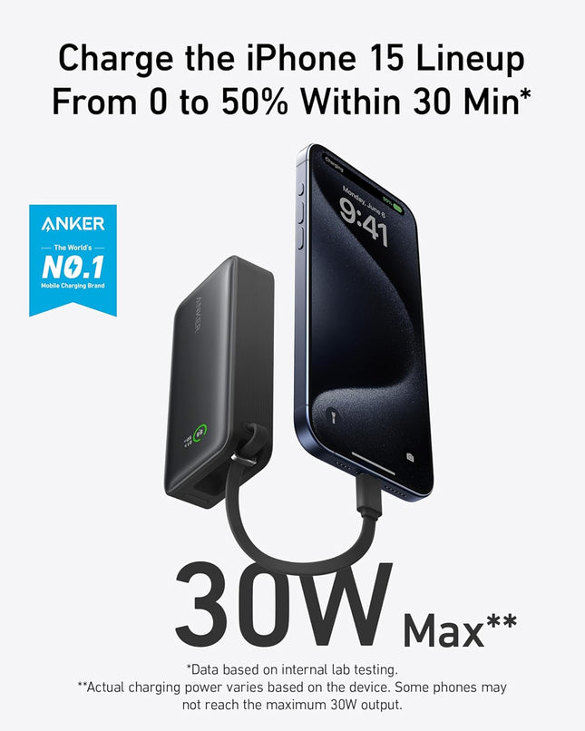 Anker Nano Power Bank, 10,000Mah Portable Charger with Built-In USB-C Cable, 30W Max Output, for Iphone 16/15 Series, Ma