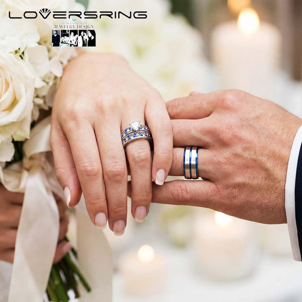 Couple Ring Bridal Sets His Hers Women 10k White Gold Filled Men Tungsten Carbide Wedding Engagement Ring Band women's size 7 & men's size 10