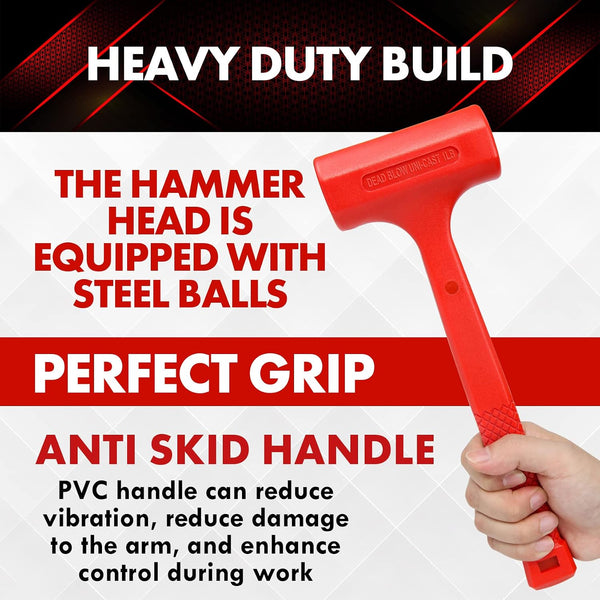 YIYITOOLS 1LB Dead Blow Hammer- Red, Mallet | Machinist Tools | Unibody Molded | Checkered Grip | Spark and Rebound Resistant 1LB Red