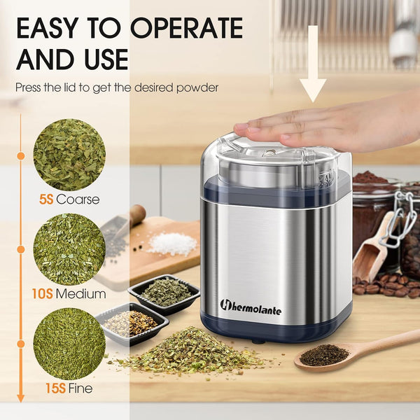 Hermolante Herb Grinder Spice Grinder, 200 w Herb Grinder with Stainless Steel Blade and Cleaning Brush, Compact Size Electric Grinder for Herbs