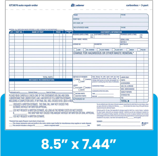 Adams Auto Repair Order Forms, 8.5 x 7.44 Inch, 3-Part, Carbonless, 50-Pack, White and Canary (GT3870) 50-Pack Repair Order Forms