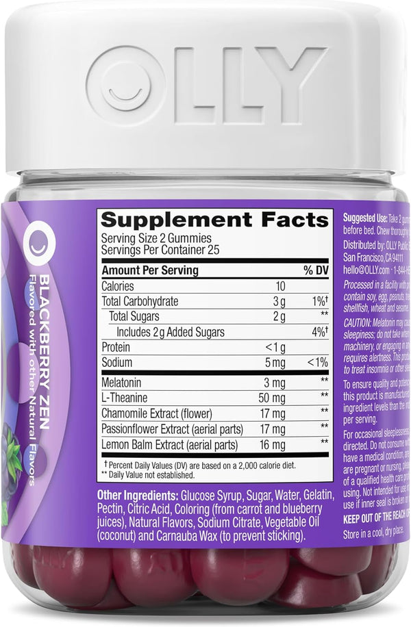 OLLY Sleep Gummy, 3 Mg Melatonin, L-Theanine, Chamomile, Lemon Balm, Sleep Aid, Blackberry, 50 Count
