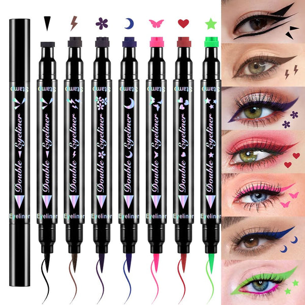 Evpct 7Pcs Colored Liquid Eye Liners Face Stamp Cosplay Gothic Makeup Set Kit for Beginners, Black Brown Purple Blue Red Pink Green Star Flowers