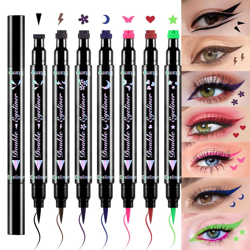 Evpct 7Pcs Colored Liquid Eye Liners Face Stamp Cosplay Gothic Makeup Set Kit for Beginners, Black Brown Purple Blue Red Pink Green Star Flowers