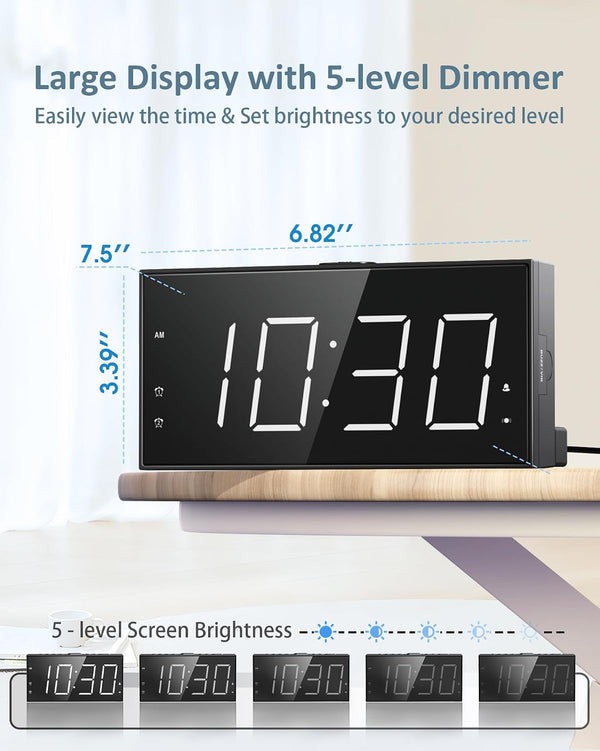 Loud Alarm Clock with Bed Shaker for Heavy Sleeper, Dual Vibrating Alarm Clock with USB Charger for Hard of Hearing/Deaf, 7.5’’ Large LED Display