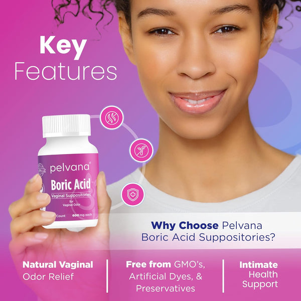 Pelvana Boric Acid Suppositories for Women 30 Count for Vaginal Odor - Third-Party Lab Verified & Bottled in the USA