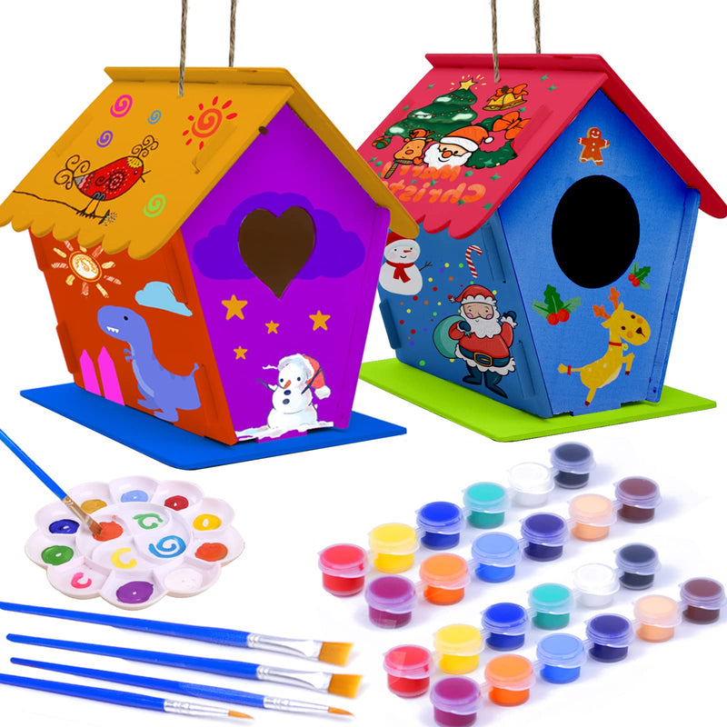 Hapray 2 Pack Bird House Kit, DIY Birdhouse Kits, Wooden Crafts Arts for Children to Build and Paint (Includes Paints & Brushes) for Kids Girls