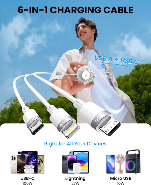100W Multi USB Charging Cable, 6-in-1 Retractable USB C/Lightning/Micro Multi Charger Cords for iPhones, iPads, MacBook, Tablets, Galaxy, Note &