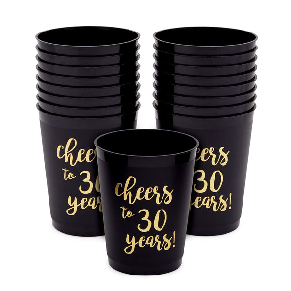 Sparkle and Bash 30th Birthday Cups & Plastic Tumblers - 16 Pack, 16 Oz, Black, Cheers To 30 Years - Party Favors & Wedding Anniversary Celebrations