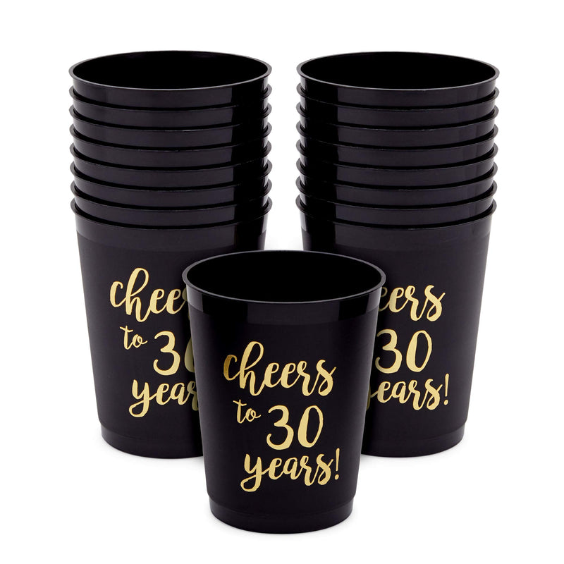 Sparkle and Bash 30th Birthday Cups & Plastic Tumblers - 16 Pack, 16 Oz, Black, Cheers To 30 Years - Party Favors & Wedding Anniversary Celebrations
