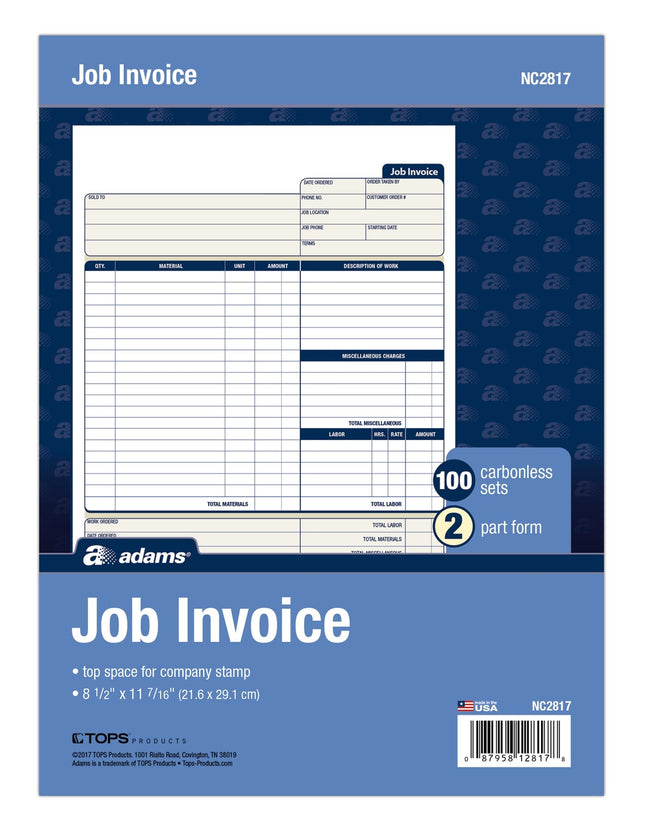 Adams Job Invoice Forms, 2-Part Carbonless, for Service and Repair Billing, 100 Individual Sets per Pack (NC2817), White