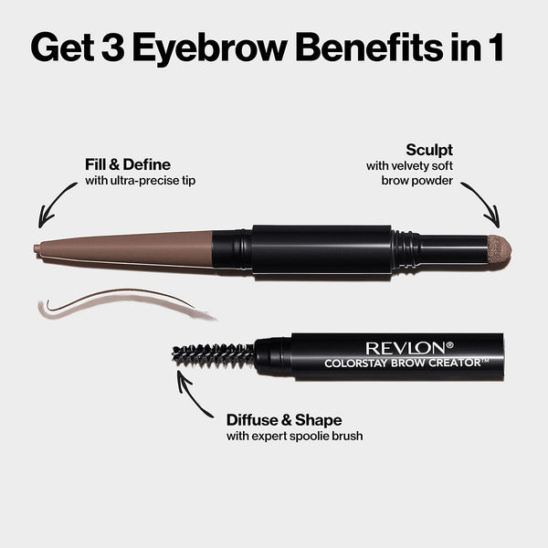 Revlon Eyebrow Pencil & Powder, Colorstay Brow Creator 2-In-1 Eye Makeup with Spoolie, Longwearing with Precision Tip, 610 Dark Brown, 0.23 Oz