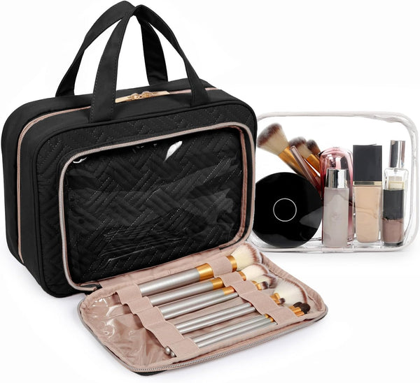 BAGSMART Toiletry Bag Hanging Travel Makeup Organizer with TSA Approved Transparent Cosmetic Bag Makeup Bag for Full Sized Toiletries, Large-Blck