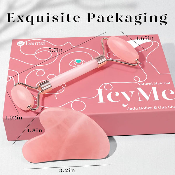 BAIMEI IcyMe Rose Quartz Roller & Gua Sha Facial Tool Set for Depuffing | Cooling Face Roller for Lymphatic Massage,Sculpting Tool for Face, Eyes