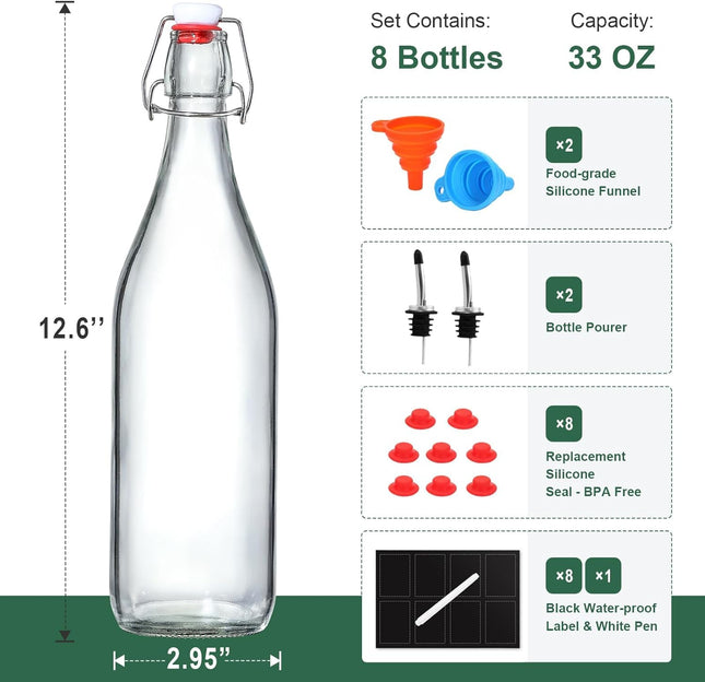 8 Pack [1 Liter / 33 Fl. Oz.] Swing Top Glass Bottles W/ Airtight Stopper Lids â Flip Top Brewing Bottle for Fermentat
