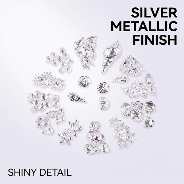 120Pcs/Pack Sliver Nail Art Decorations Mini Ocean Accessories Nail Art Rhinestones Silver Shell Conch Nail Charms Manicure Decor DIY Nail
