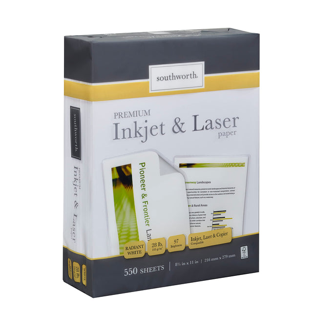 Southworth Inkjet & Laser Printer Paper, 8.5" X 11", 28 Lb., Radiant White, 550 
