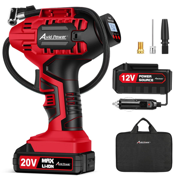 AVID POWER Tire Inflator Portable Air Compressor, 20V Cordless Car Tire Pump, Rechargeable Battery Powered Air Compressor w/12V DC Adapter,