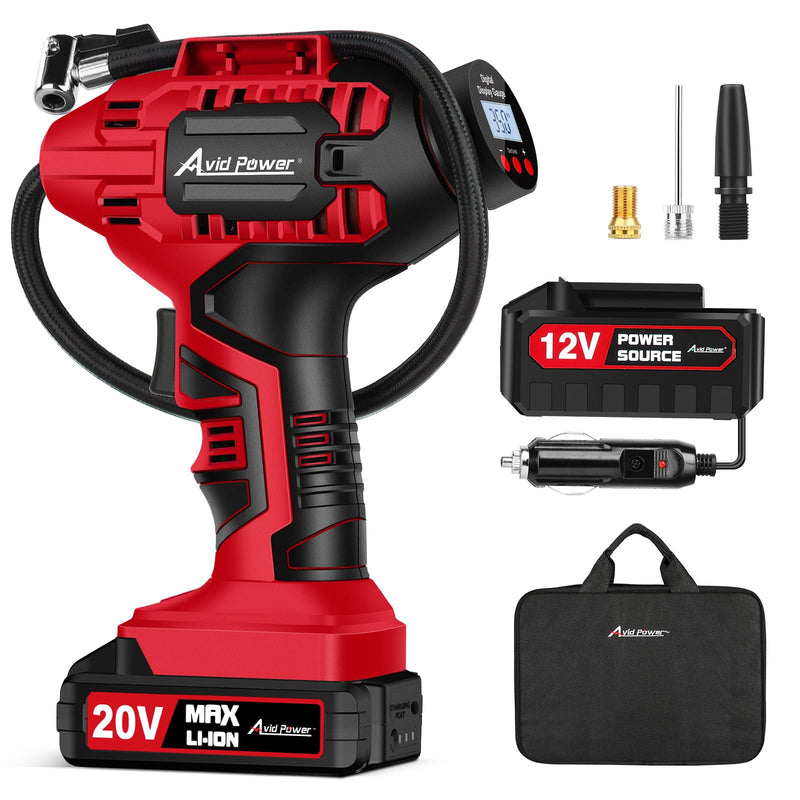 AVID POWER Tire Inflator Portable Air Compressor, 20V Cordless Car Tire Pump, Rechargeable Battery Powered Air Compressor w/12V DC Adapter,