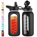 CIVAGO 32 oz Glass Water Bottle with Straw and Handle, Large Sports Motivational Water Bottle Flask with Time Marker and 2 Lids, Leakproof Water